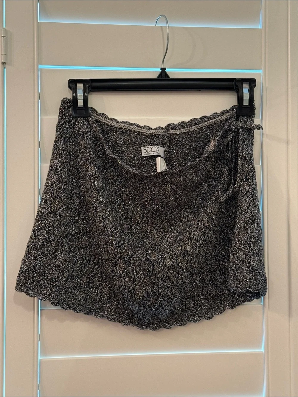 BECCA Metallic Gray Crochet Bikini Top and Black Bottom Set With Swim Skirt